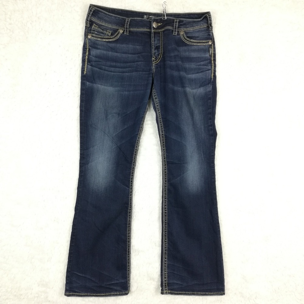 Silver Jeans Womens Suki Mid Rise Boot Cut Denim‎ Blue Dark Wash Whiskering 34
